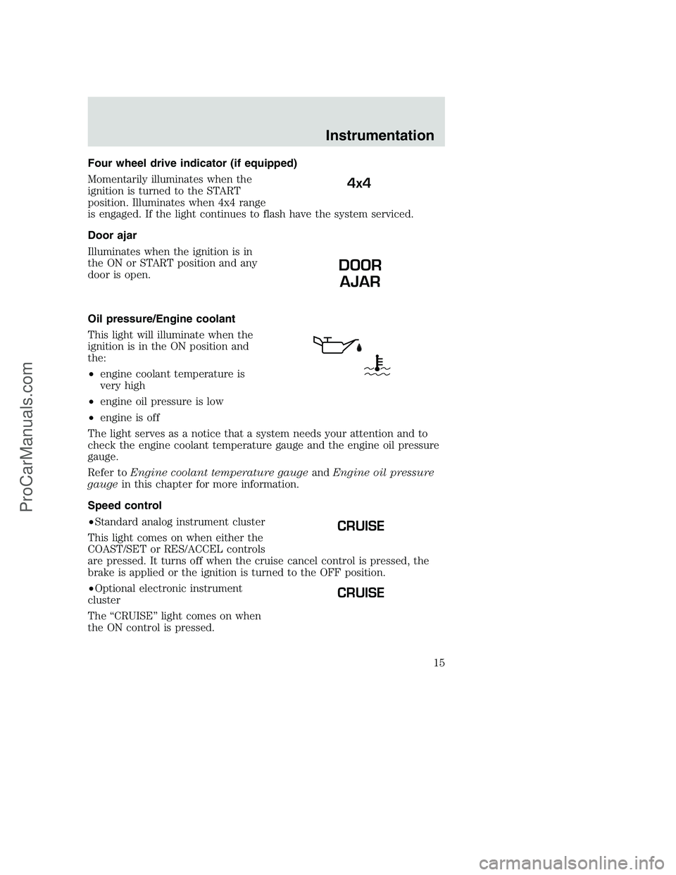 FORD F250 2000 User Guide Four wheel drive indicator (if equipped)
Momentarily illuminates when the
ignition is turned to the START
position. Illuminates when 4x4 range
is engaged. If the light continues to flash have the syst FORD F250 2000 User Guide Four wheel drive indicator (if equipped)
Momentarily illuminates when the
ignition is turned to the START
position. Illuminates when 4x4 range
is engaged. If the light continues to flash have the syst