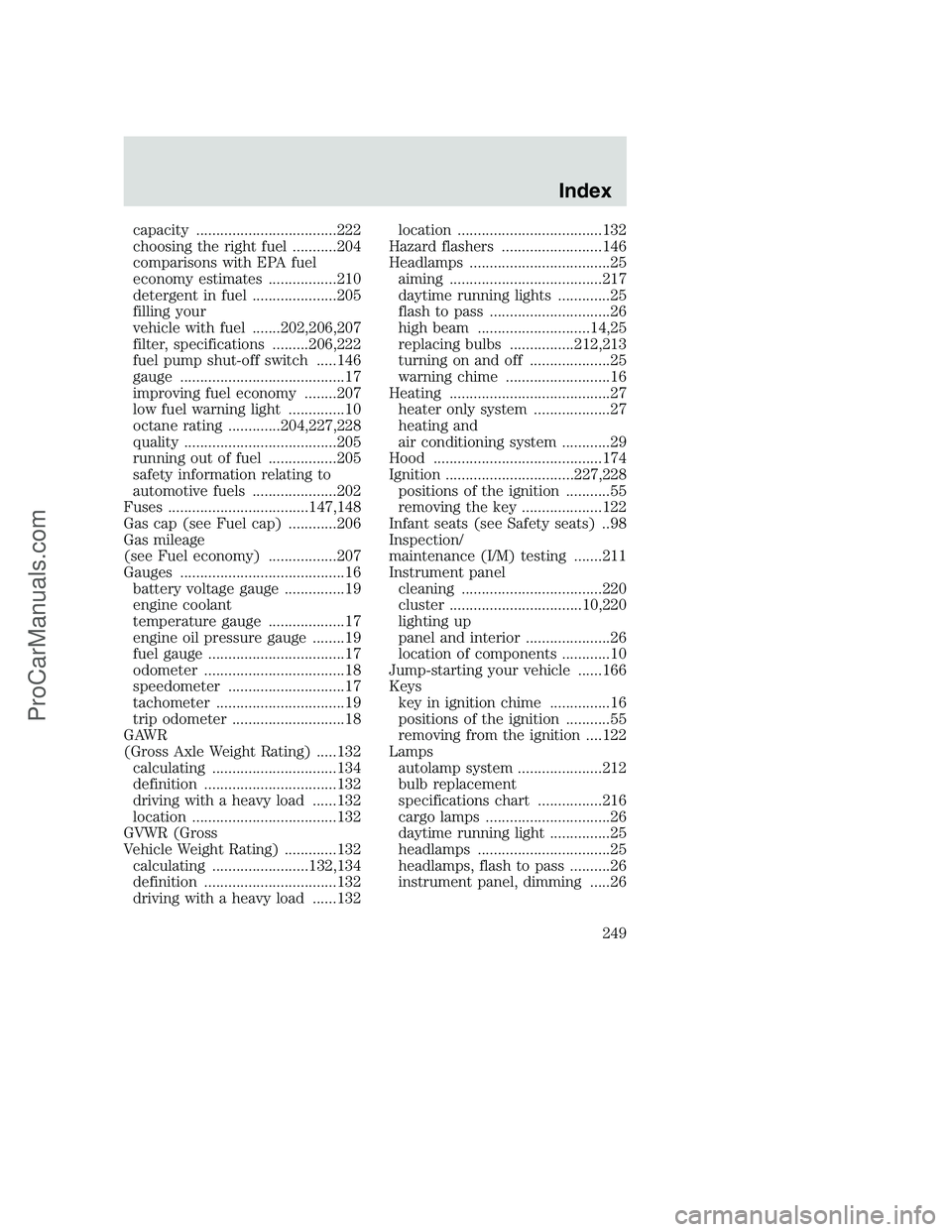 FORD F250 2000  Owners Manual capacity ...................................222
choosing the right fuel ...........204
comparisons with EPA fuel
economy estimates .................210
detergent in fuel .....................205
filli