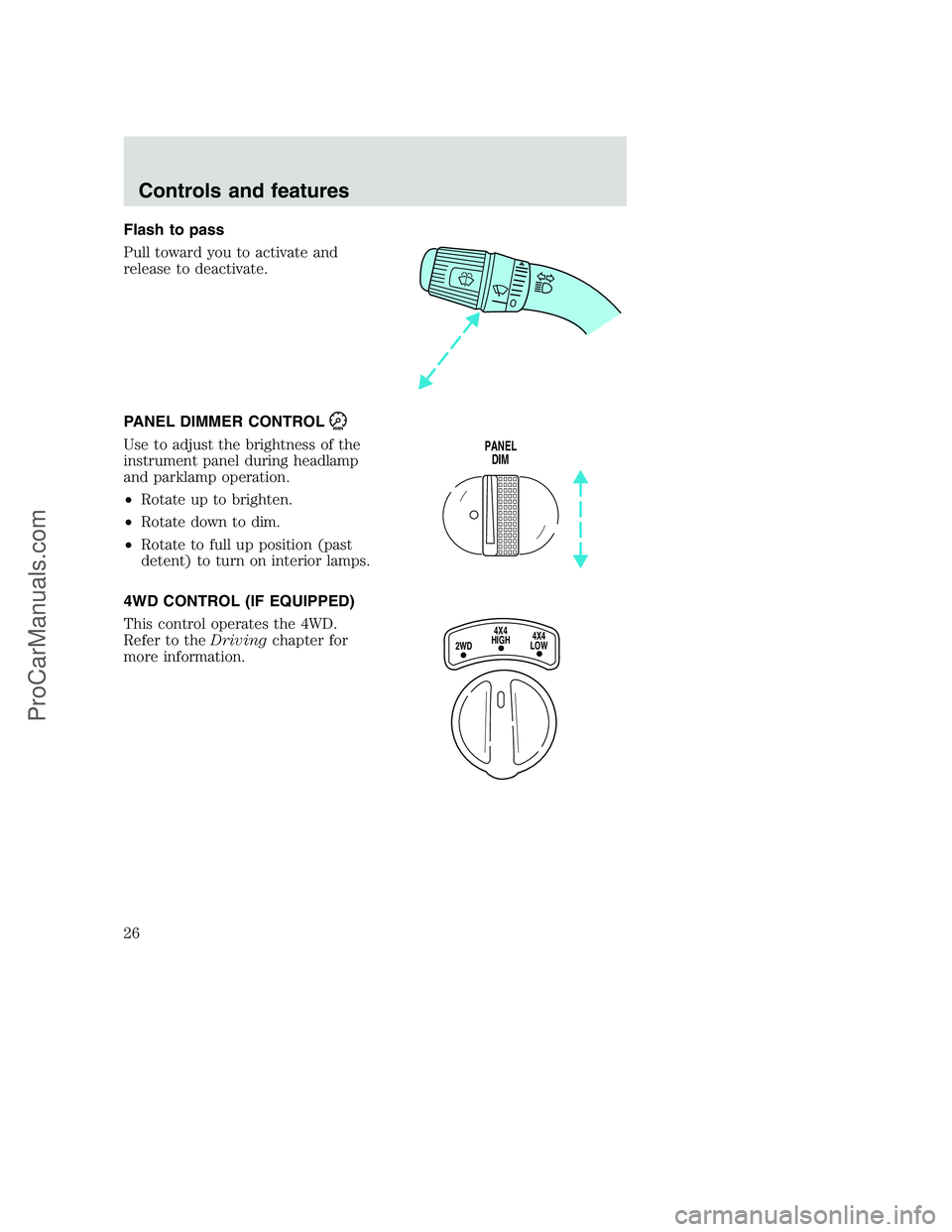 FORD F250 2000 Owners Manual Flash to pass
Pull toward you to activate and
release to deactivate.
PANEL DIMMER CONTROL
Use to adjust the brightness of the
instrument panel during headlamp
and parklamp operation.
•Rotate up to b FORD F250 2000 Owners Manual Flash to pass
Pull toward you to activate and
release to deactivate.
PANEL DIMMER CONTROL
Use to adjust the brightness of the
instrument panel during headlamp
and parklamp operation.
•Rotate up to b