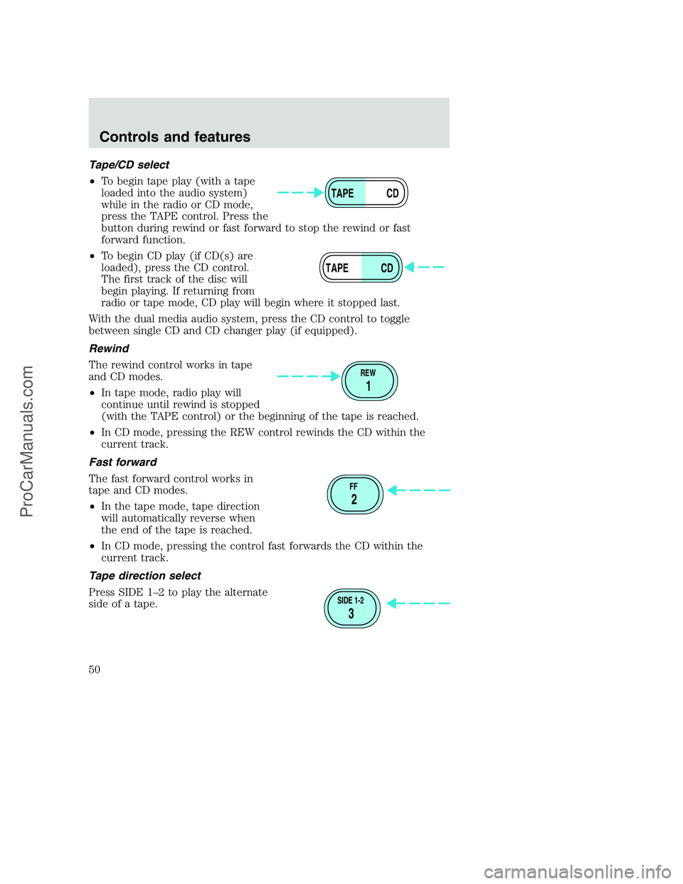 FORD F250 2000 Service Manual Tape/CD select
•To begin tape play (with a tape
loaded into the audio system)
while in the radio or CD mode,
press the TAPE control. Press the
button during rewind or fast forward to stop the rewind