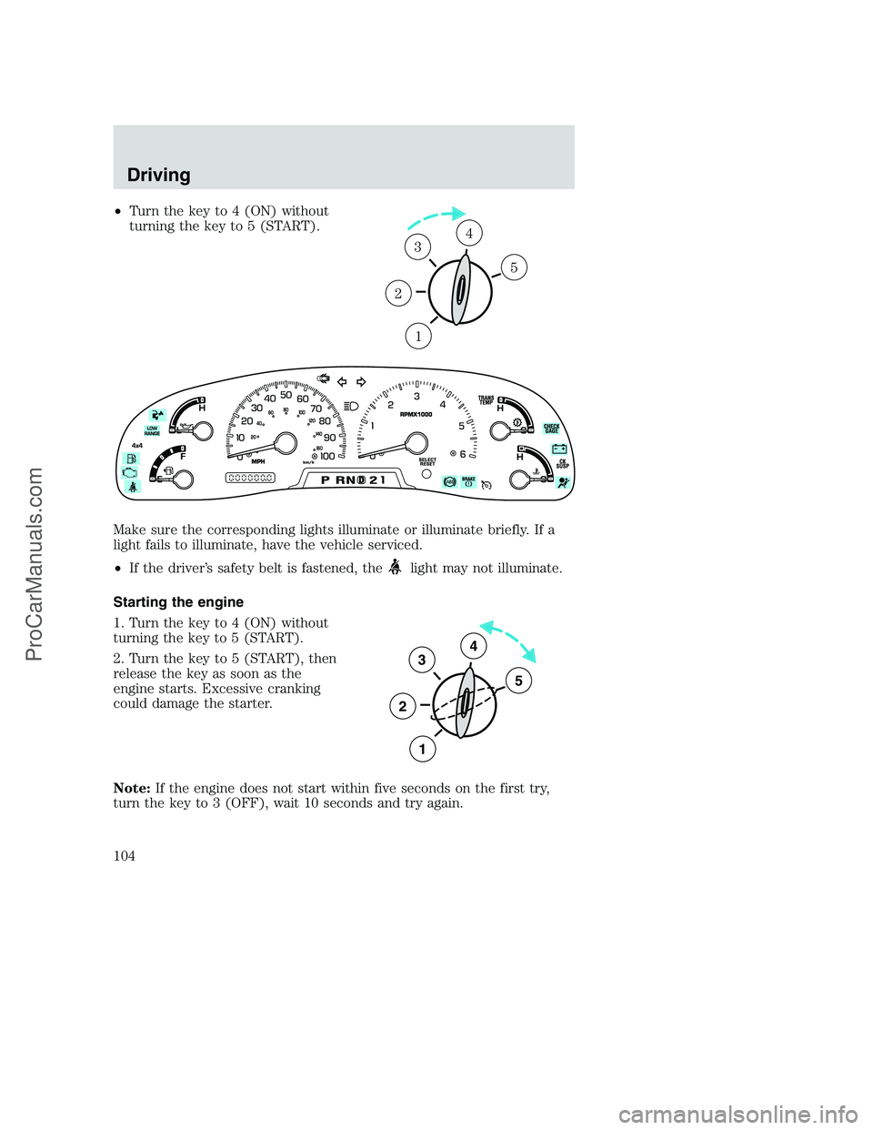 FORD F250 2002 Owners Manual •Turn the key to 4 (ON) without
turning the key to 5 (START).
Make sure the corresponding lights illuminate or illuminate briefly. If a
light fails to illuminate, have the vehicle serviced.
•If th FORD F250 2002 Owners Manual •Turn the key to 4 (ON) without
turning the key to 5 (START).
Make sure the corresponding lights illuminate or illuminate briefly. If a
light fails to illuminate, have the vehicle serviced.
•If th