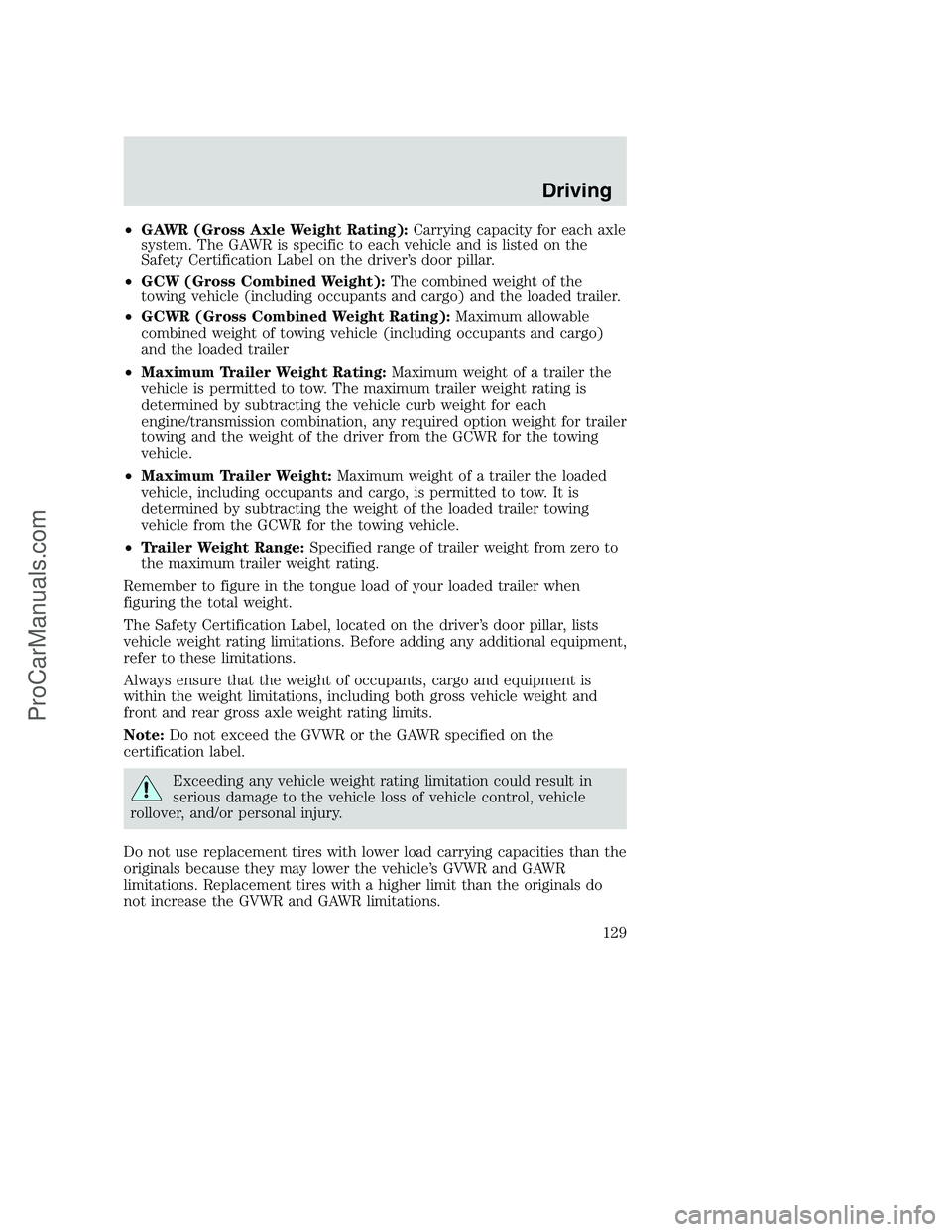 FORD F250 2002 Owners Manual •GAWR (Gross Axle Weight Rating):Carrying capacity for each axle
system. The GAWR is specific to each vehicle and is listed on the
Safety Certification Label on the driver’s door pillar.
•GCW (G FORD F250 2002 Owners Manual •GAWR (Gross Axle Weight Rating):Carrying capacity for each axle
system. The GAWR is specific to each vehicle and is listed on the
Safety Certification Label on the driver’s door pillar.
•GCW (G