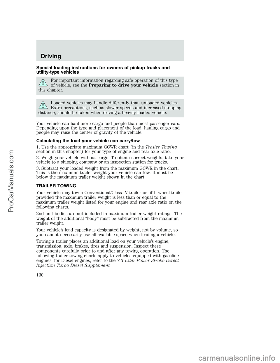 FORD F250 2002 Owners Manual Special loading instructions for owners of pickup trucks and
utility-type vehicles
For important information regarding safe operation of this type
of vehicle, see thePreparing to drive your vehiclesec FORD F250 2002 Owners Manual Special loading instructions for owners of pickup trucks and
utility-type vehicles
For important information regarding safe operation of this type
of vehicle, see thePreparing to drive your vehiclesec
