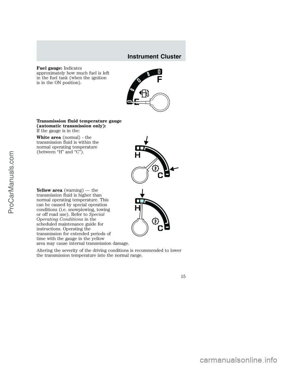 FORD F250 2002 User Guide Fuel gauge:Indicates
approximately how much fuel is left
in the fuel tank (when the ignition
is in the ON position).
Transmission fluid temperature gauge
(automatic transmission only):
If the gauge is FORD F250 2002 User Guide Fuel gauge:Indicates
approximately how much fuel is left
in the fuel tank (when the ignition
is in the ON position).
Transmission fluid temperature gauge
(automatic transmission only):
If the gauge is