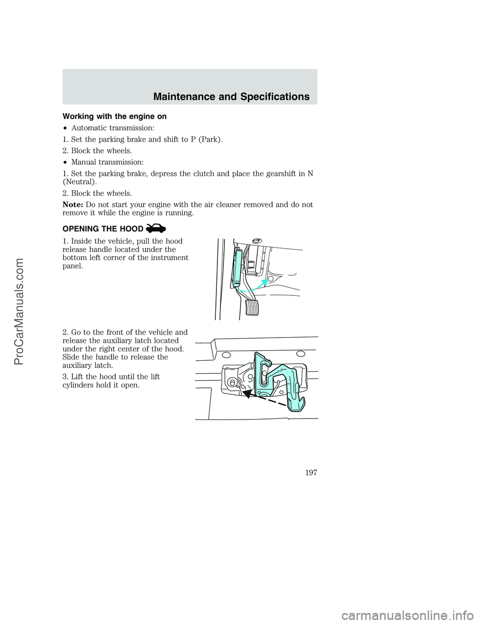 FORD F250 2002 Owners Manual Working with the engine on
•Automatic transmission:
1. Set the parking brake and shift to P (Park).
2. Block the wheels.
•Manual transmission:
1. Set the parking brake, depress the clutch and plac FORD F250 2002 Owners Manual Working with the engine on
•Automatic transmission:
1. Set the parking brake and shift to P (Park).
2. Block the wheels.
•Manual transmission:
1. Set the parking brake, depress the clutch and plac