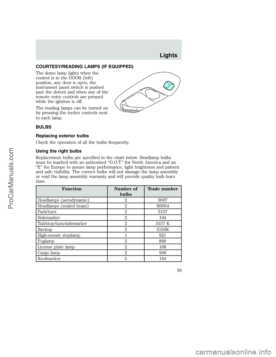 FORD F250 2002 Owners Guide COURTESY/READING LAMPS (IF EQUIPPED)
The dome lamp lights when the
control is in the DOOR (left)
position, any door is open, the
instrument panel switch is pushed
past the detent and when any of the
r