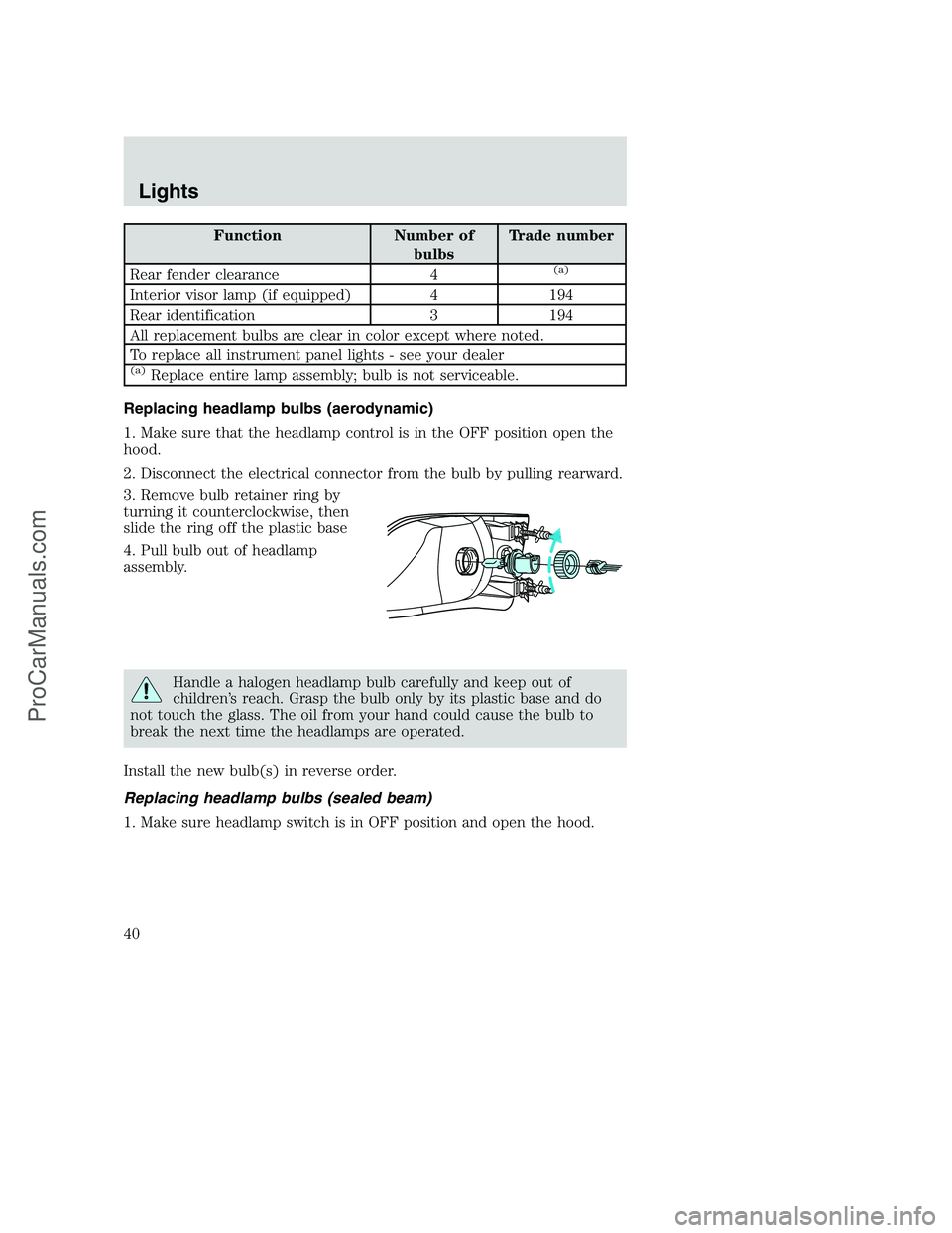 FORD F250 2002 Owners Guide Function Number of
bulbsTrade number
Rear fender clearance 4
(a)
Interior visor lamp (if equipped) 4 194
Rear identification 3 194
All replacement bulbs are clear in color except where noted.
To repla