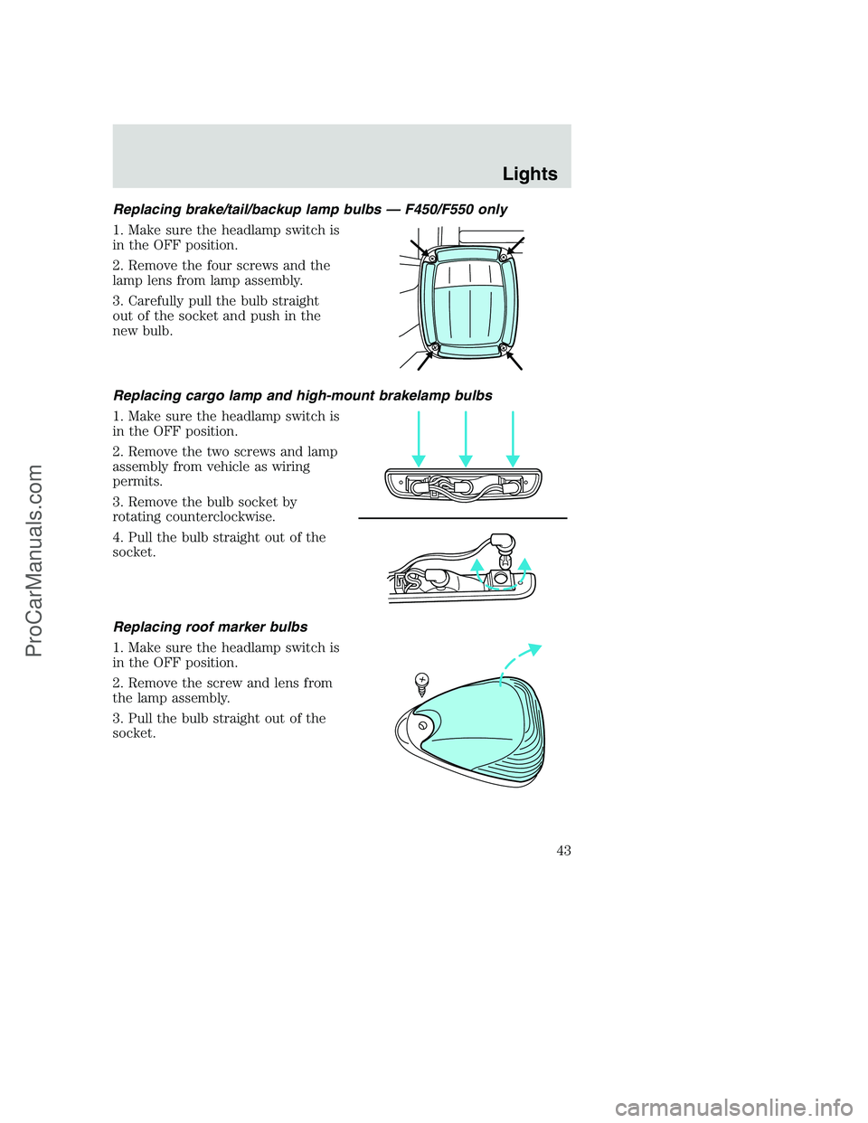 FORD F250 2002 Service Manual Replacing brake/tail/backup lamp bulbs — F450/F550 only
1. Make sure the headlamp switch is
in the OFF position.
2. Remove the four screws and the
lamp lens from lamp assembly.
3. Carefully pull the