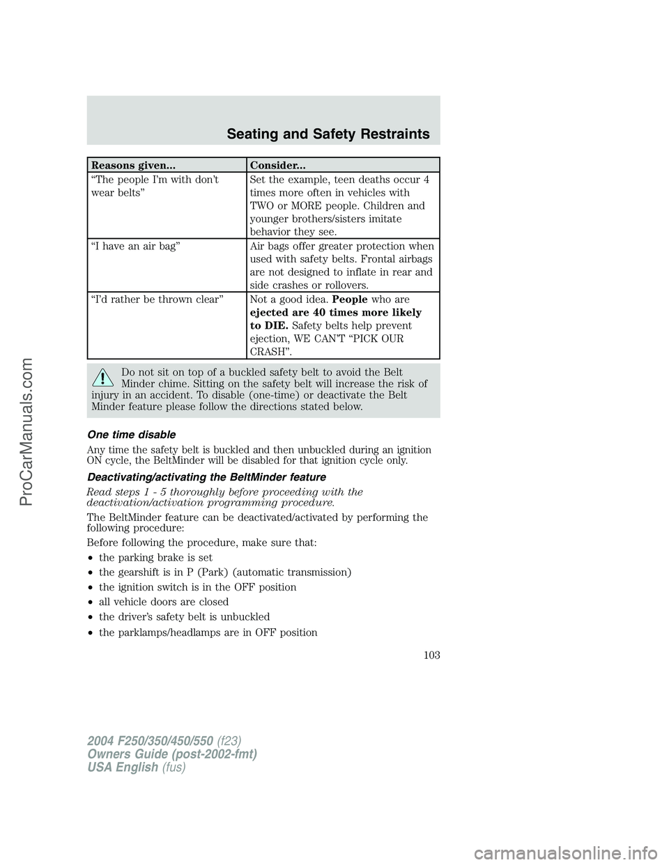 FORD F350 2004  Owners Manual Reasons given... Consider...
“The people I’m with don’t
wear belts”Set the example, teen deaths occur 4
times more often in vehicles with
TWO or MORE people. Children and
younger brothers/sist