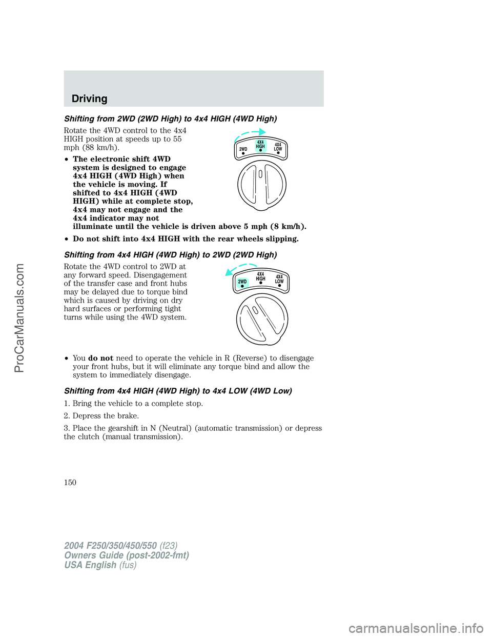 FORD F350 2004 Owners Manual Shifting from 2WD (2WD High) to 4x4 HIGH (4WD High)
Rotate the 4WD control to the 4x4
HIGH position at speeds up to 55
mph (88 km/h).
•The electronic shift 4WD
system is designed to engage
4x4 HIGH FORD F350 2004 Owners Manual Shifting from 2WD (2WD High) to 4x4 HIGH (4WD High)
Rotate the 4WD control to the 4x4
HIGH position at speeds up to 55
mph (88 km/h).
•The electronic shift 4WD
system is designed to engage
4x4 HIGH