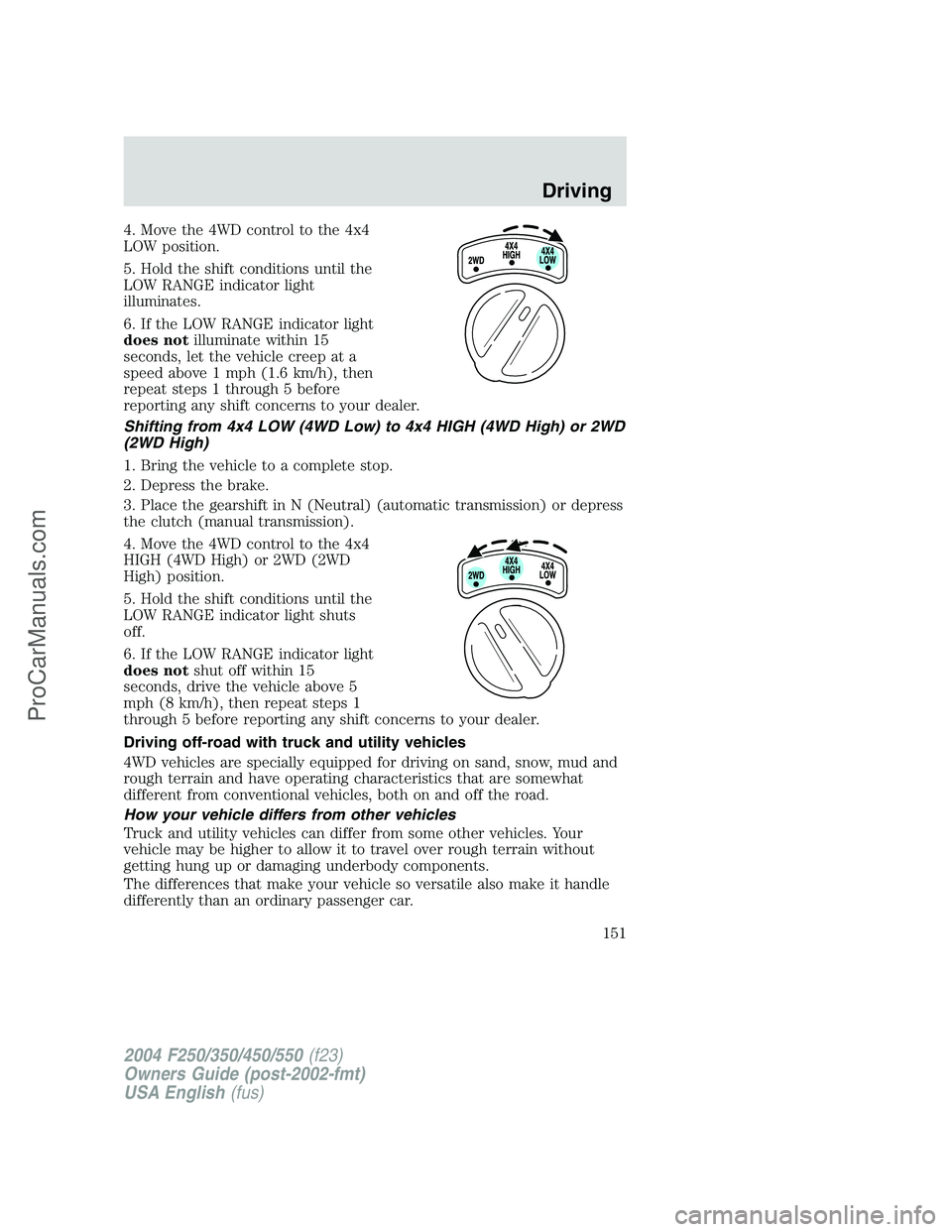 FORD F350 2004 Owners Manual 4. Move the 4WD control to the 4x4
LOW position.
5. Hold the shift conditions until the
LOW RANGE indicator light
illuminates.
6. If the LOW RANGE indicator light
does notilluminate within 15
seconds, FORD F350 2004 Owners Manual 4. Move the 4WD control to the 4x4
LOW position.
5. Hold the shift conditions until the
LOW RANGE indicator light
illuminates.
6. If the LOW RANGE indicator light
does notilluminate within 15
seconds,