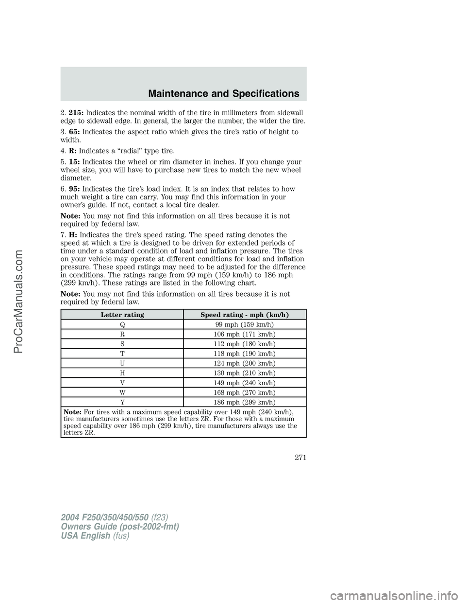 FORD F350 2004 Owners Manual 2.215:Indicates the nominal width of the tire in millimeters from sidewall
edge to sidewall edge. In general, the larger the number, the wider the tire.
3.65:Indicates the aspect ratio which gives the FORD F350 2004 Owners Manual 2.215:Indicates the nominal width of the tire in millimeters from sidewall
edge to sidewall edge. In general, the larger the number, the wider the tire.
3.65:Indicates the aspect ratio which gives the