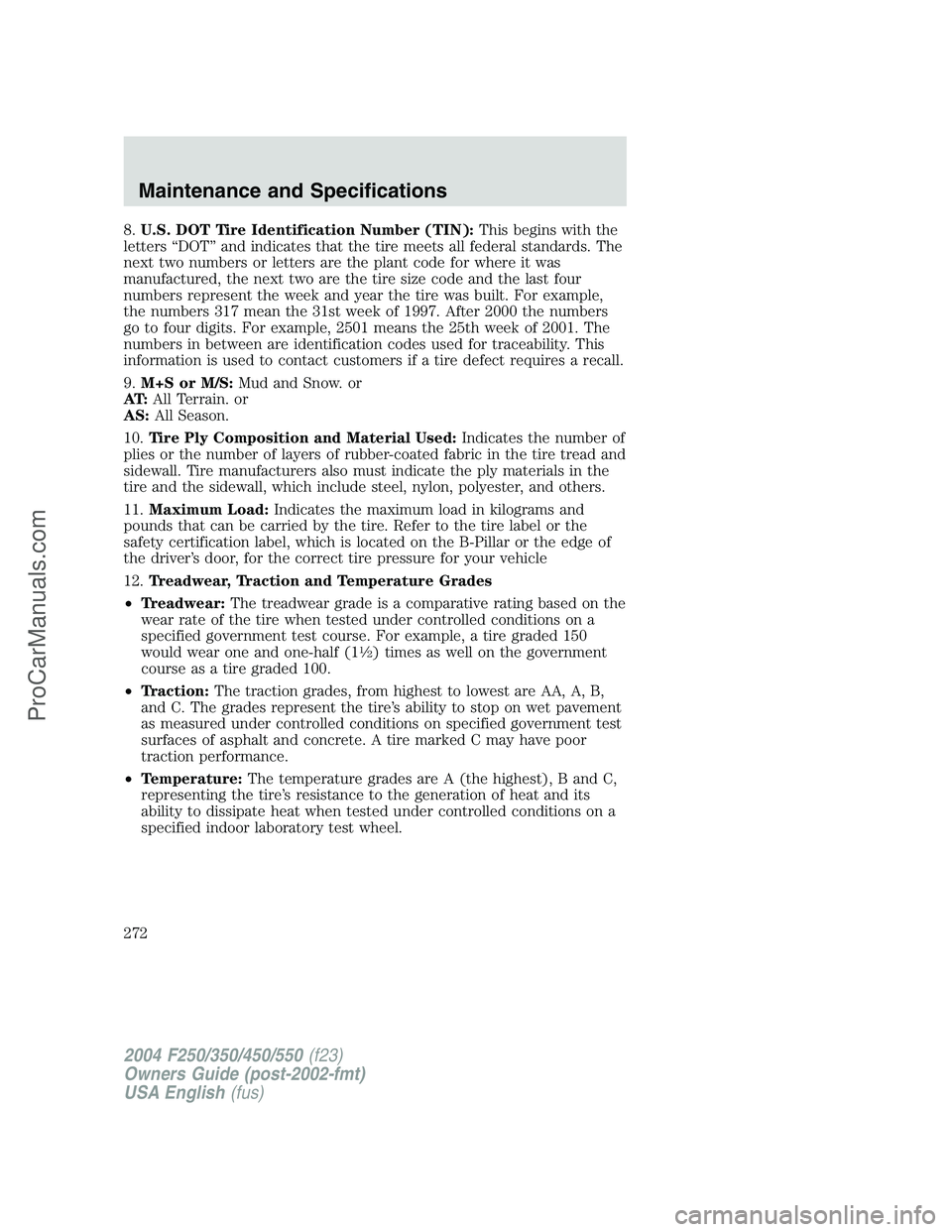 FORD F350 2004 Owners Manual 8.U.S. DOT Tire Identification Number (TIN):This begins with the
letters“DOT”and indicates that the tire meets all federal standards. The
next two numbers or letters are the plant code for where i FORD F350 2004 Owners Manual 8.U.S. DOT Tire Identification Number (TIN):This begins with the
letters“DOT”and indicates that the tire meets all federal standards. The
next two numbers or letters are the plant code for where i
