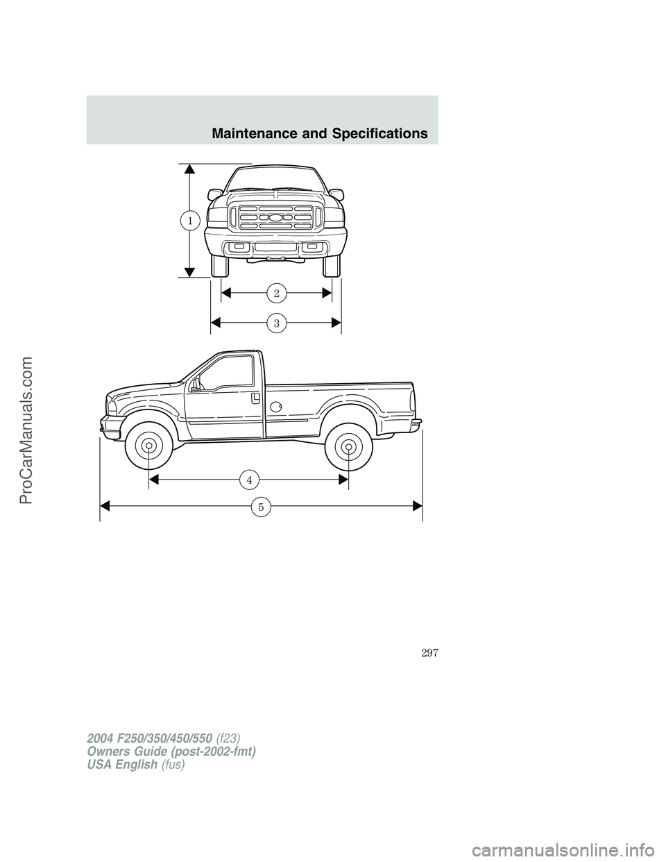 FORD F350 2004 Owners Manual 3
2
1
5
4
2004 F250/350/450/550(f23)
Owners Guide (post-2002-fmt)
USA English(fus)
Maintenance and Specifications
297
ProCarManuals.com FORD F350 2004 Owners Manual 3
2
1
5
4
2004 F250/350/450/550(f23)
Owners Guide (post-2002-fmt)
USA English(fus)
Maintenance and Specifications
297
ProCarManuals.com