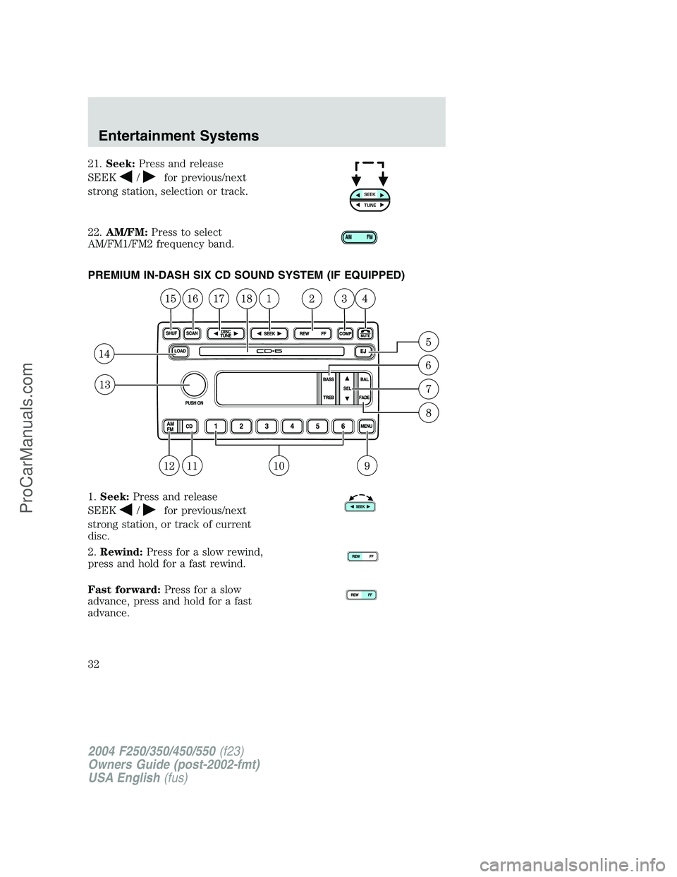 FORD F350 2004 Owners Guide 21.Seek:Press and release
SEEK
/for previous/next
strong station, selection or track.
22.AM/FM:Press to select
AM/FM1/FM2 frequency band.
PREMIUM IN-DASH SIX CD SOUND SYSTEM (IF EQUIPPED)
1.Seek:Press