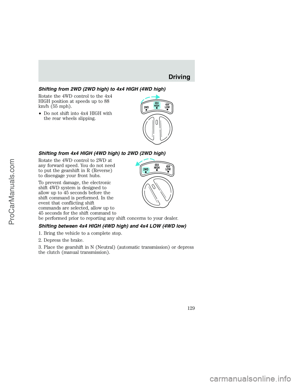 FORD F350 1999 Owners Manual Shifting from 2WD (2WD high) to 4x4 HIGH (4WD high)
Rotate the 4WD control to the 4x4
HIGH position at speeds up to 88
km/h (55 mph).
•Do not shift into 4x4 HIGH with
the rear wheels slipping.
Shift FORD F350 1999 Owners Manual Shifting from 2WD (2WD high) to 4x4 HIGH (4WD high)
Rotate the 4WD control to the 4x4
HIGH position at speeds up to 88
km/h (55 mph).
•Do not shift into 4x4 HIGH with
the rear wheels slipping.
Shift