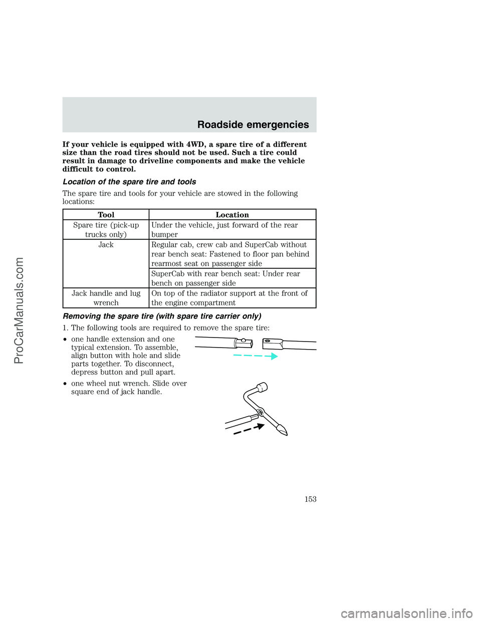 FORD F350 1999 Owners Manual If your vehicle is equipped with 4WD, a spare tire of a different
size than the road tires should not be used. Such a tire could
result in damage to driveline components and make the vehicle
difficult FORD F350 1999 Owners Manual If your vehicle is equipped with 4WD, a spare tire of a different
size than the road tires should not be used. Such a tire could
result in damage to driveline components and make the vehicle
difficult