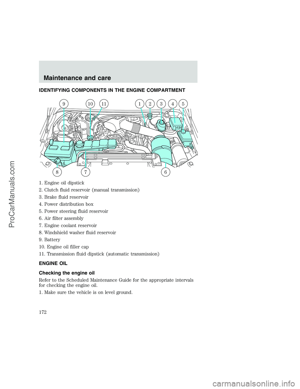 FORD F350 1999  Owners Manual IDENTIFYING COMPONENTS IN THE ENGINE COMPARTMENT
1. Engine oil dipstick
2. Clutch fluid reservoir (manual transmission)
3. Brake fluid reservoir
4. Power distribution box
5. Power steering fluid reser