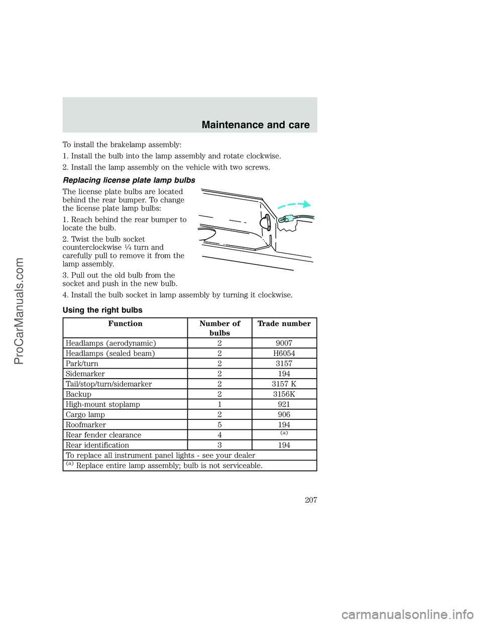 FORD F350 1999 Owners Manual To install the brakelamp assembly:
1. Install the bulb into the lamp assembly and rotate clockwise.
2. Install the lamp assembly on the vehicle with two screws.
Replacing license plate lamp bulbs
The FORD F350 1999 Owners Manual To install the brakelamp assembly:
1. Install the bulb into the lamp assembly and rotate clockwise.
2. Install the lamp assembly on the vehicle with two screws.
Replacing license plate lamp bulbs
The