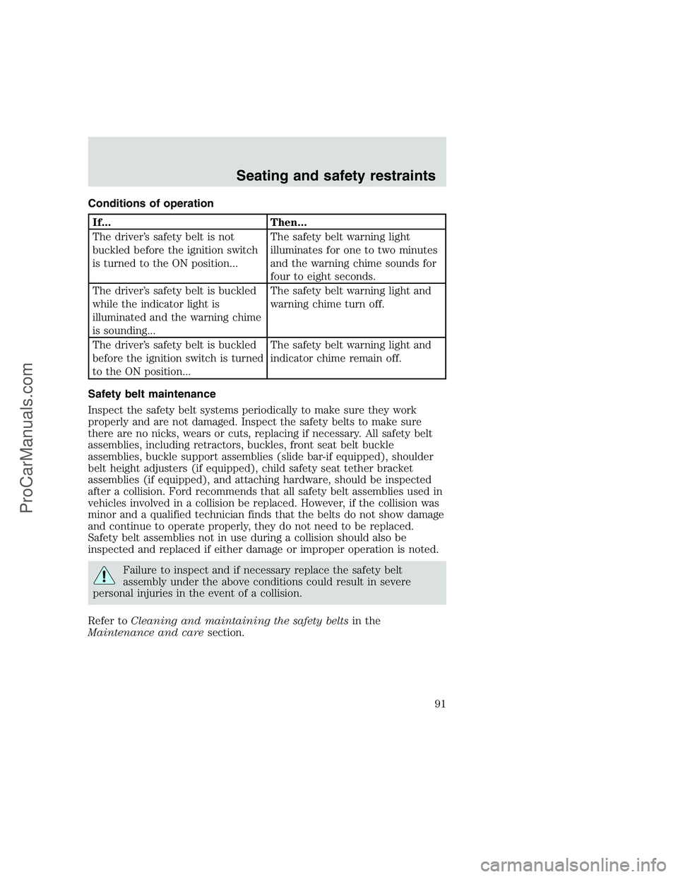 FORD F350 1999  Owners Manual Conditions of operation
If... Then...
The driver’s safety belt is not
buckled before the ignition switch
is turned to the ON position...The safety belt warning light
illuminates for one to two minut