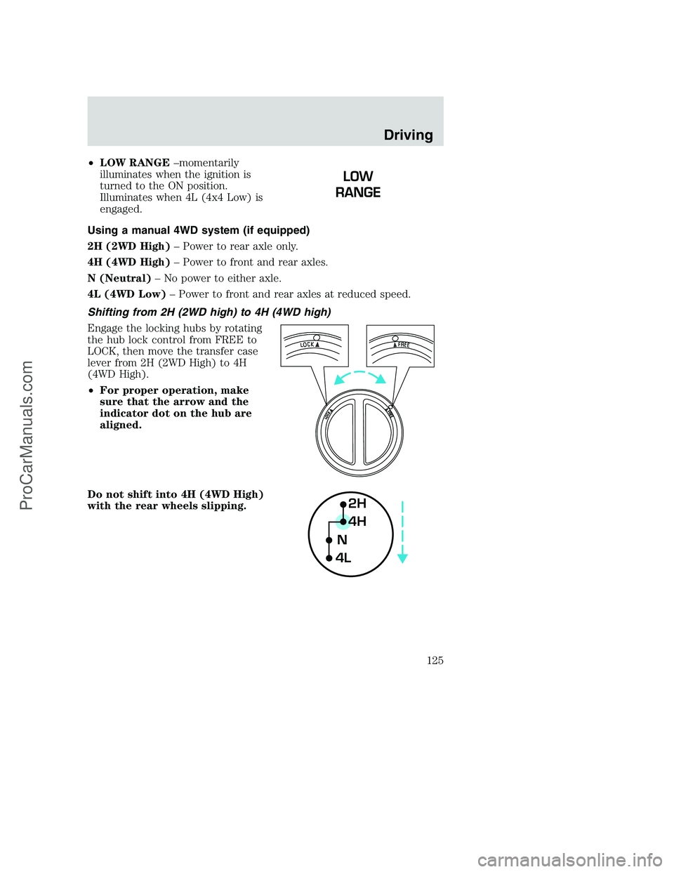 FORD F350 2000 Owners Manual •LOW RANGE–momentarily
illuminates when the ignition is
turned to the ON position.
Illuminates when 4L (4x4 Low) is
engaged.
Using a manual 4WD system (if equipped)
2H (2WD High)– Power to rear FORD F350 2000 Owners Manual •LOW RANGE–momentarily
illuminates when the ignition is
turned to the ON position.
Illuminates when 4L (4x4 Low) is
engaged.
Using a manual 4WD system (if equipped)
2H (2WD High)– Power to rear