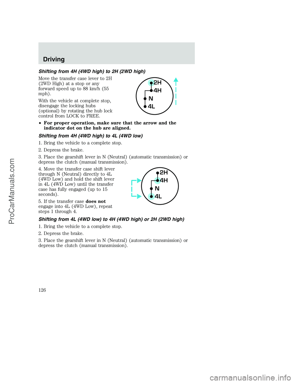 FORD F350 2000 Owners Manual Shifting from 4H (4WD high) to 2H (2WD high)
Move the transfer case lever to 2H
(2WD High) at a stop or any
forward speed up to 88 km/h (55
mph).
With the vehicle at complete stop,
disengage the locki FORD F350 2000 Owners Manual Shifting from 4H (4WD high) to 2H (2WD high)
Move the transfer case lever to 2H
(2WD High) at a stop or any
forward speed up to 88 km/h (55
mph).
With the vehicle at complete stop,
disengage the locki