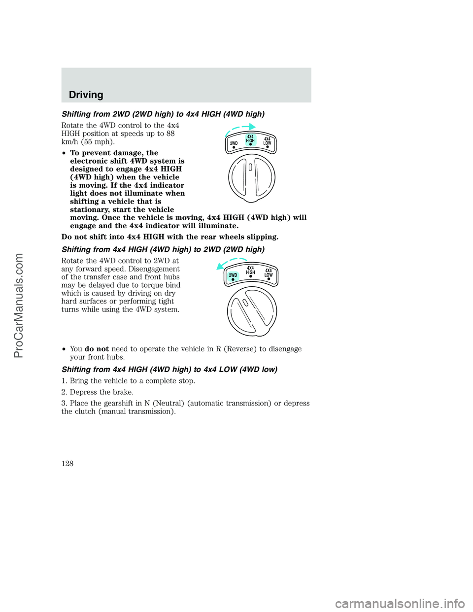 FORD F350 2000 Owners Manual Shifting from 2WD (2WD high) to 4x4 HIGH (4WD high)
Rotate the 4WD control to the 4x4
HIGH position at speeds up to 88
km/h (55 mph).
•To prevent damage, the
electronic shift 4WD system is
designed FORD F350 2000 Owners Manual Shifting from 2WD (2WD high) to 4x4 HIGH (4WD high)
Rotate the 4WD control to the 4x4
HIGH position at speeds up to 88
km/h (55 mph).
•To prevent damage, the
electronic shift 4WD system is
designed