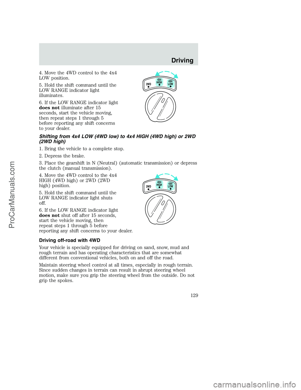 FORD F350 2000 Owners Manual 4. Move the 4WD control to the 4x4
LOW position.
5. Hold the shift command until the
LOW RANGE indicator light
illuminates.
6. If the LOW RANGE indicator light
does notilluminate after 15
seconds, sta FORD F350 2000 Owners Manual 4. Move the 4WD control to the 4x4
LOW position.
5. Hold the shift command until the
LOW RANGE indicator light
illuminates.
6. If the LOW RANGE indicator light
does notilluminate after 15
seconds, sta