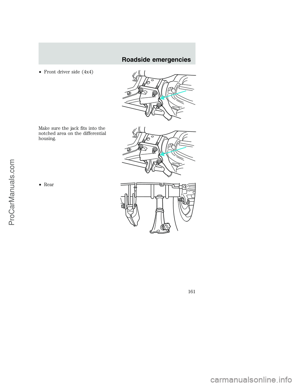 FORD F350 2000  Owners Manual •Front driver side (4x4)
Make sure the jack fits into the
notched area on the differential
housing.
•Rear
Roadside emergencies
161
ProCarManuals.com 