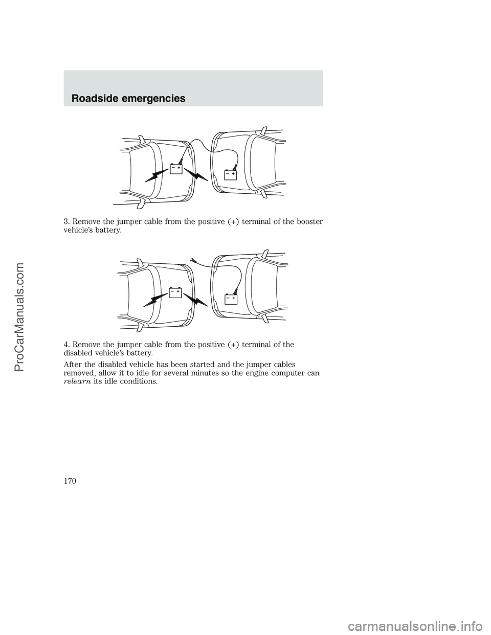 FORD F350 2000  Owners Manual 3. Remove the jumper cable from the positive (+) terminal of the booster
vehicle’s battery.
4. Remove the jumper cable from the positive (+) terminal of the
disabled vehicle’s battery.
After the d