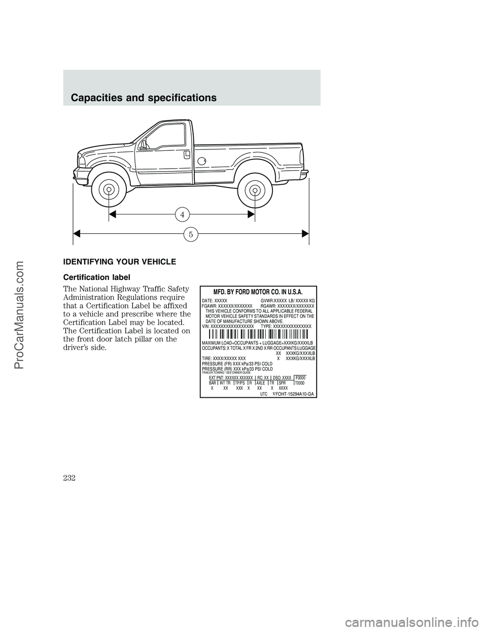 FORD F350 2000 Owners Manual IDENTIFYING YOUR VEHICLE
Certification label
The National Highway Traffic Safety
Administration Regulations require
that a Certification Label be affixed
to a vehicle and prescribe where the
Certifica FORD F350 2000 Owners Manual IDENTIFYING YOUR VEHICLE
Certification label
The National Highway Traffic Safety
Administration Regulations require
that a Certification Label be affixed
to a vehicle and prescribe where the
Certifica