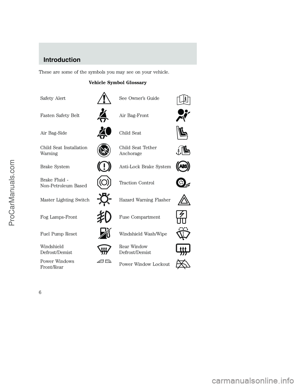 FORD F350 2000  Owners Manual These are some of the symbols you may see on your vehicle.
Vehicle Symbol Glossary
Safety Alert
See Owner’s Guide
Fasten Safety BeltAir Bag-Front
Air Bag-SideChild Seat
Child Seat Installation
Warni