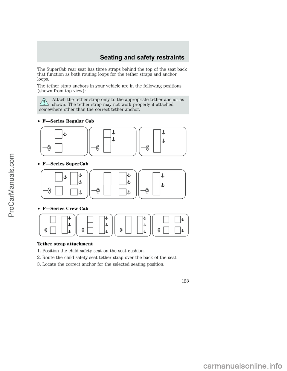 FORD F350 2001 Owners Manual The SuperCab rear seat has three straps behind the top of the seat back
that function as both routing loops for the tether straps and anchor
loops.
The tether strap anchors in your vehicle are in the FORD F350 2001 Owners Manual The SuperCab rear seat has three straps behind the top of the seat back
that function as both routing loops for the tether straps and anchor
loops.
The tether strap anchors in your vehicle are in the