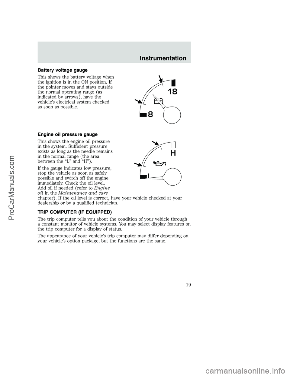 FORD F350 2001  Owners Manual Battery voltage gauge
This shows the battery voltage when
the ignition is in the ON position. If
the pointer moves and stays outside
the normal operating range (as
indicated by arrows), have the
vehic