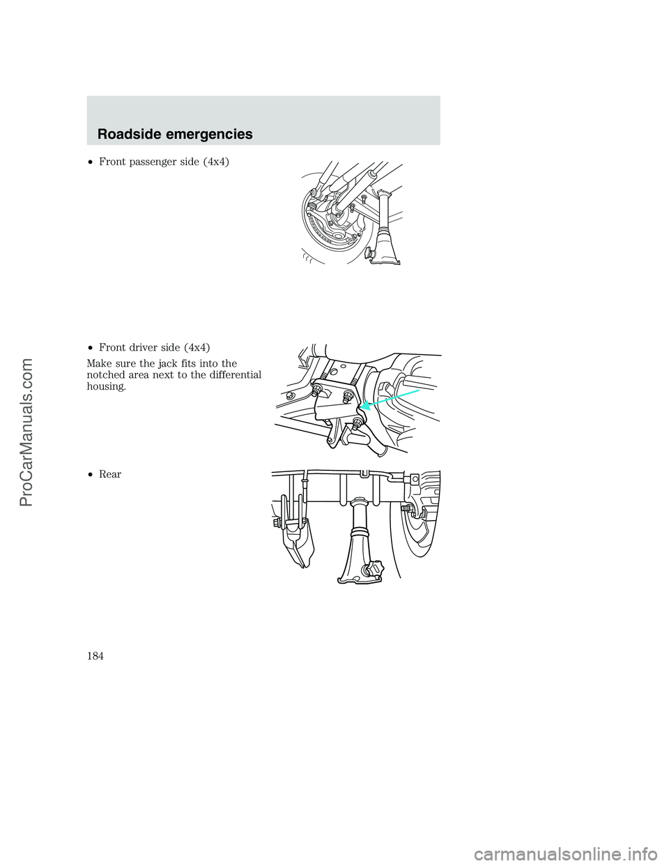 FORD F350 2001  Owners Manual •Front passenger side (4x4)
•Front driver side (4x4)
Make sure the jack fits into the
notched area next to the differential
housing.
•Rear
Roadside emergencies
184
ProCarManuals.com 