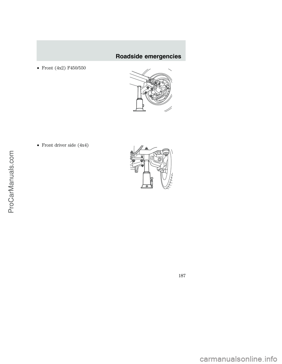 FORD F350 2001  Owners Manual •Front (4x2) F450/550
•Front driver side (4x4)
Roadside emergencies
187
ProCarManuals.com 