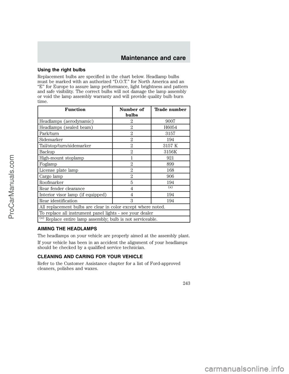FORD F350 2001 Owners Manual Using the right bulbs
Replacement bulbs are specified in the chart below. Headlamp bulbs
must be marked with an authorized “D.O.T.” for North America and an
“E” for Europe to assure lamp perfo FORD F350 2001 Owners Manual Using the right bulbs
Replacement bulbs are specified in the chart below. Headlamp bulbs
must be marked with an authorized “D.O.T.” for North America and an
“E” for Europe to assure lamp perfo
