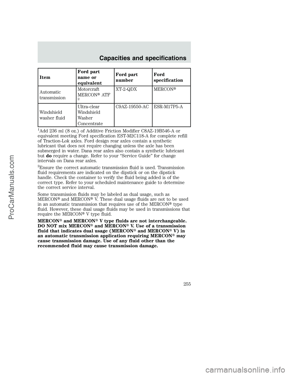 FORD F350 2001  Owners Manual ItemFord part
name or
equivalentFord part
numberFord
specification
Automatic
transmissionMotorcraft
MERCONAT F
2
XT-2-QDX MERCON
Windshield
washer fluidUltra-clear
Windshield
Washer
ConcentrateC9AZ-