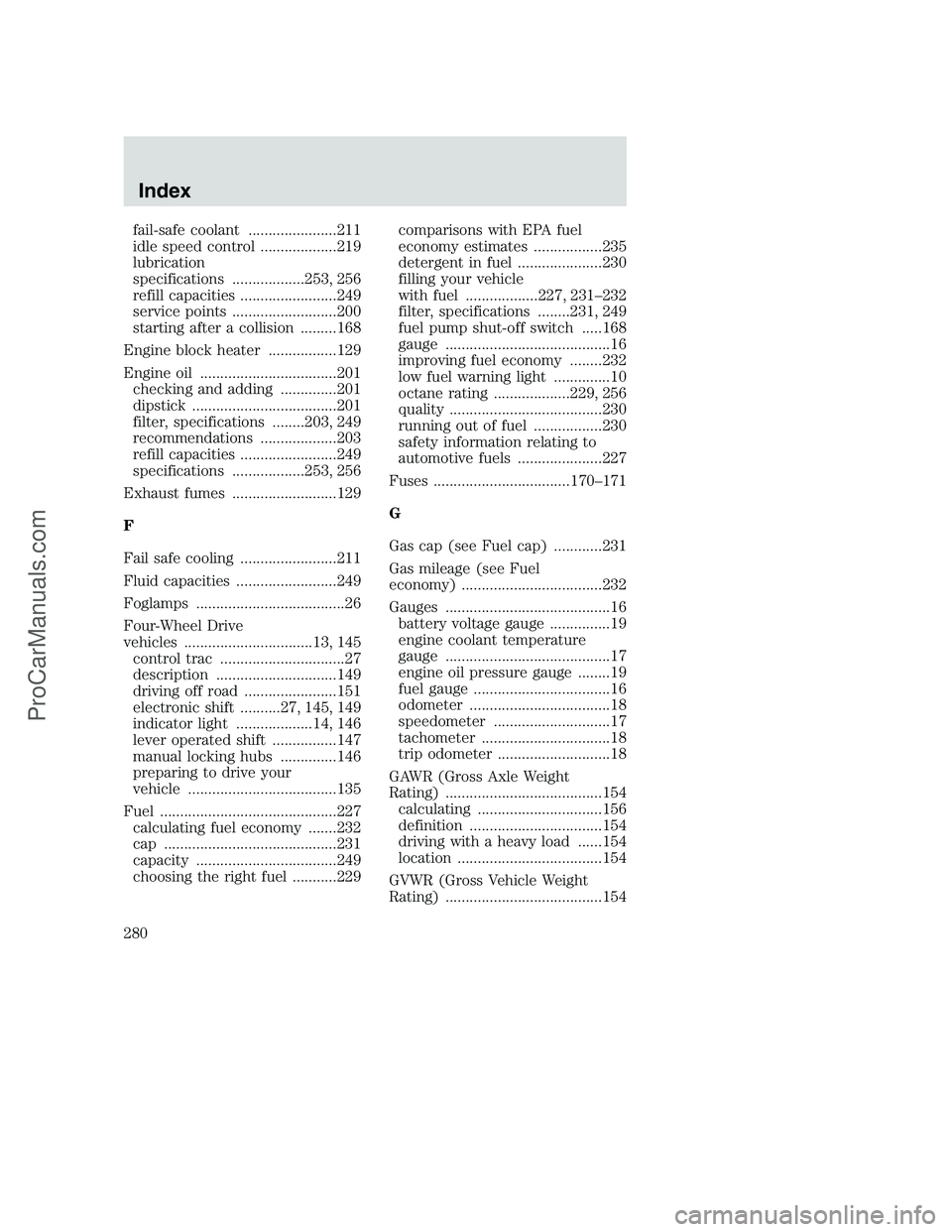 FORD F350 2001  Owners Manual fail-safe coolant ......................211
idle speed control ...................219
lubrication
specifications ..................253, 256
refill capacities ........................249
service points