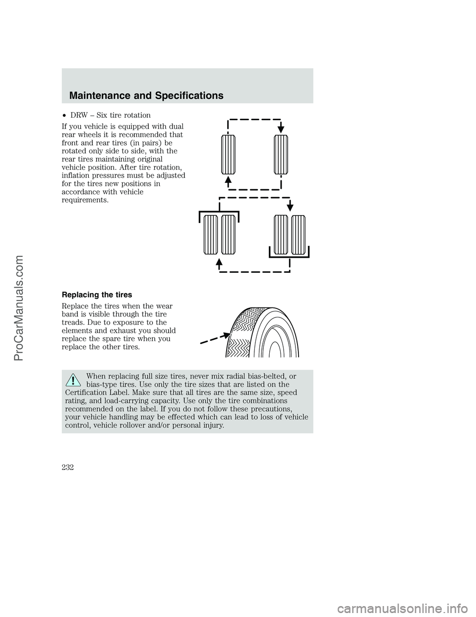 FORD F350 2002 Owners Manual •DRW – Six tire rotation
If you vehicle is equipped with dual
rear wheels it is recommended that
front and rear tires (in pairs) be
rotated only side to side, with the
rear tires maintaining origi FORD F350 2002 Owners Manual •DRW – Six tire rotation
If you vehicle is equipped with dual
rear wheels it is recommended that
front and rear tires (in pairs) be
rotated only side to side, with the
rear tires maintaining origi