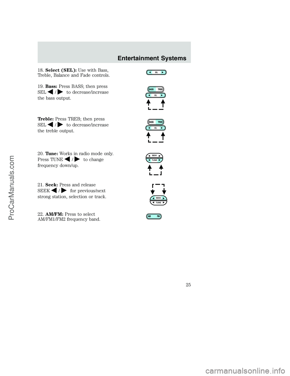 FORD F350 2002 Owners Manual 18.Select (SEL):Use with Bass,
Treble, Balance and Fade controls.
19.Bass:Press BASS; then press
SEL
/to decrease/increase
the bass output.
Treble:Press TREB; then press
SEL
/to decrease/increase
the 