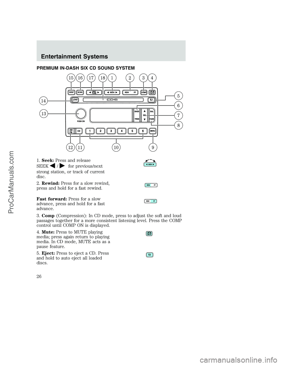FORD F350 2002 Owners Manual PREMIUM IN-DASH SIX CD SOUND SYSTEM
1.Seek:Press and release
SEEK
/for previous/next
strong station, or track of current
disc.
2.Rewind:Press for a slow rewind,
press and hold for a fast rewind.
Fast FORD F350 2002 Owners Manual PREMIUM IN-DASH SIX CD SOUND SYSTEM
1.Seek:Press and release
SEEK
/for previous/next
strong station, or track of current
disc.
2.Rewind:Press for a slow rewind,
press and hold for a fast rewind.
Fast