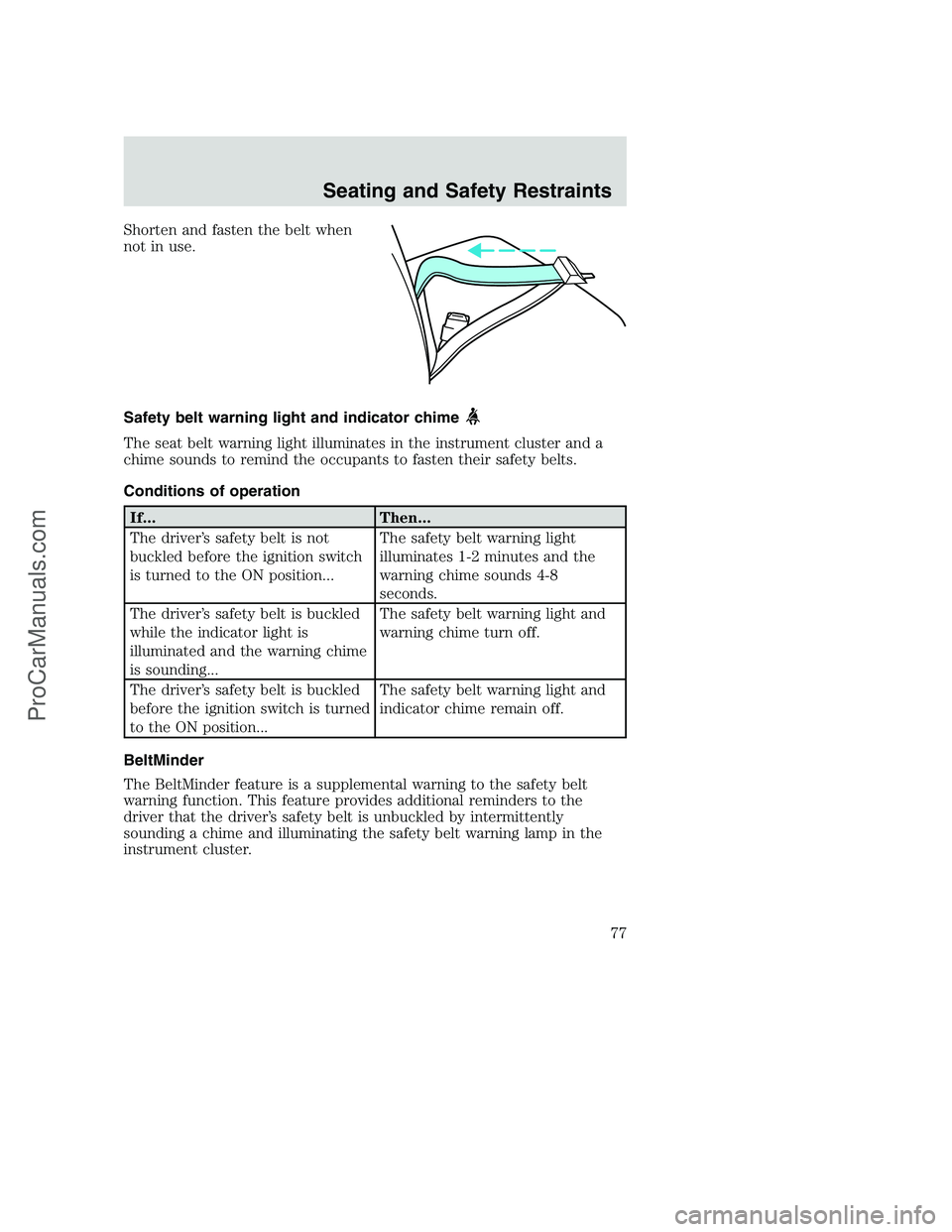 FORD F350 2002 Manual PDF Shorten and fasten the belt when
not in use.
Safety belt warning light and indicator chime
The seat belt warning light illuminates in the instrument cluster and a
chime sounds to remind the occupants FORD F350 2002 Manual PDF Shorten and fasten the belt when
not in use.
Safety belt warning light and indicator chime
The seat belt warning light illuminates in the instrument cluster and a
chime sounds to remind the occupants
