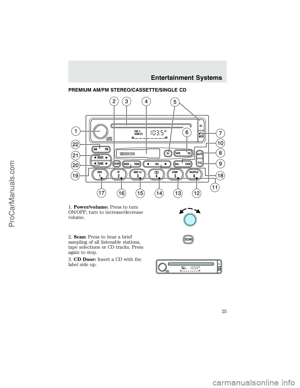 FORD F350 2003 Owners Manual PREMIUM AM/FM STEREO/CASSETTE/SINGLE CD
1.Power/volume:Press to turn
ON/OFF; turn to increase/decrease
volume.
2.Scan:Press to hear a brief
sampling of all listenable stations,
tape selections or CD t
