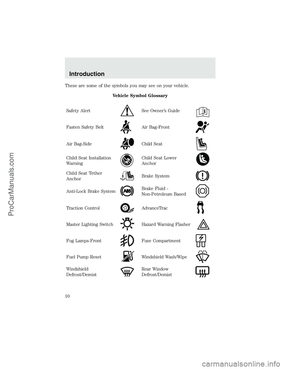 FORD F350 2003  Owners Manual These are some of the symbols you may see on your vehicle.
Vehicle Symbol Glossary
Safety Alert
See Owner’s Guide
Fasten Safety BeltAir Bag-Front
Air Bag-SideChild Seat
Child Seat Installation
Warni