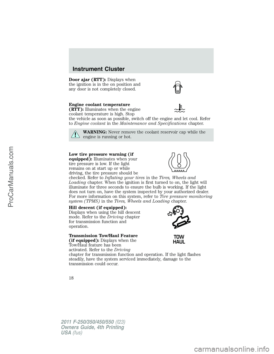 FORD F350 2011  Owners Manual Door ajar (RTT):Displays when
the ignition is in the on position and
any door is not completely closed.
Engine coolant temperature
(RTT):Illuminates when the engine
coolant temperature is high. Stop
t