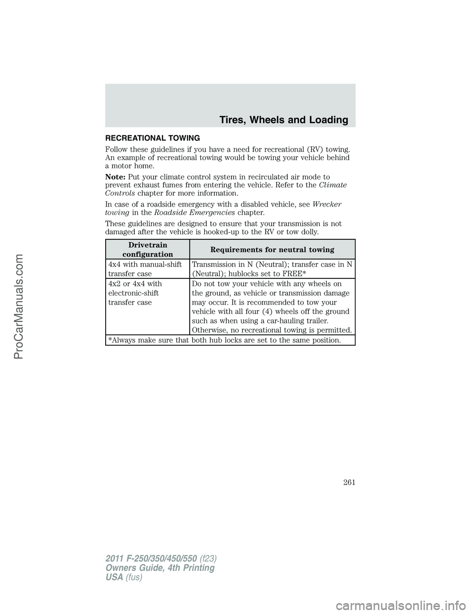 FORD F350 2011 Owners Manual RECREATIONAL TOWING
Follow these guidelines if you have a need for recreational (RV) towing.
An example of recreational towing would be towing your vehicle behind
a motor home.
Note:Put your climate c FORD F350 2011 Owners Manual RECREATIONAL TOWING
Follow these guidelines if you have a need for recreational (RV) towing.
An example of recreational towing would be towing your vehicle behind
a motor home.
Note:Put your climate c