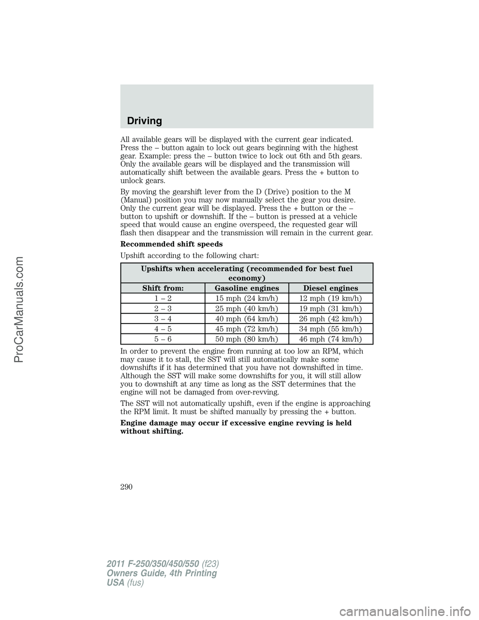 FORD F350 2011 Owners Manual All available gears will be displayed with the current gear indicated.
Press the – button again to lock out gears beginning with the highest
gear. Example: press the – button twice to lock out 6th FORD F350 2011 Owners Manual All available gears will be displayed with the current gear indicated.
Press the – button again to lock out gears beginning with the highest
gear. Example: press the – button twice to lock out 6th