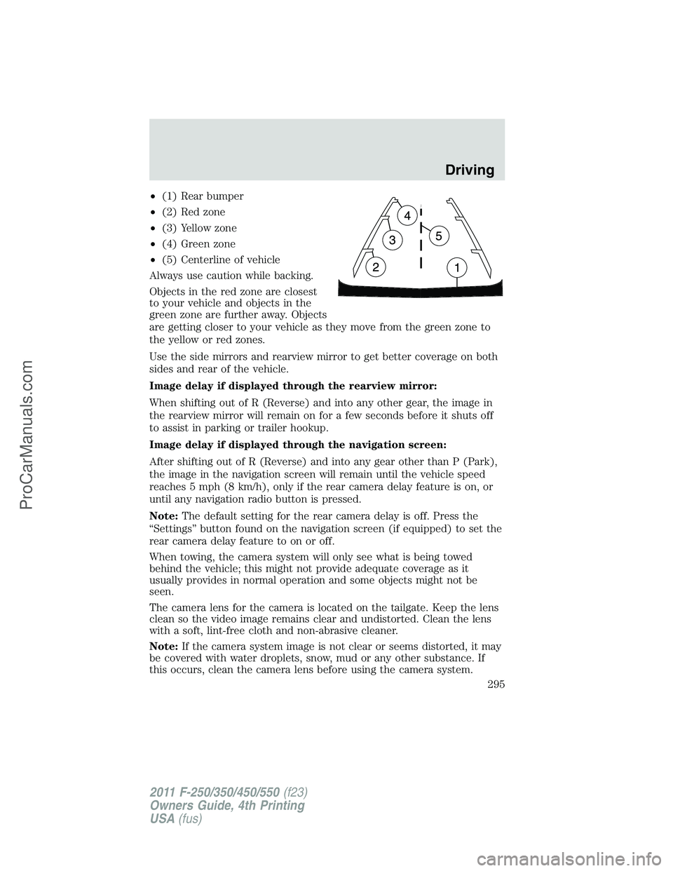 FORD F350 2011 Owners Manual •(1) Rear bumper
•(2) Red zone
•(3) Yellow zone
•(4) Green zone
•(5) Centerline of vehicle
Always use caution while backing.
Objects in the red zone are closest
to your vehicle and objects i FORD F350 2011 Owners Manual •(1) Rear bumper
•(2) Red zone
•(3) Yellow zone
•(4) Green zone
•(5) Centerline of vehicle
Always use caution while backing.
Objects in the red zone are closest
to your vehicle and objects i