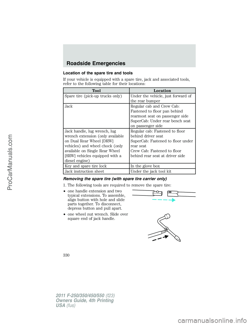 FORD F350 2011 Owners Manual Location of the spare tire and tools
If your vehicle is equipped with a spare tire, jack and associated tools,
refer to the following table for their locations:
Tool Location
Spare tire (pick-up truck FORD F350 2011 Owners Manual Location of the spare tire and tools
If your vehicle is equipped with a spare tire, jack and associated tools,
refer to the following table for their locations:
Tool Location
Spare tire (pick-up truck